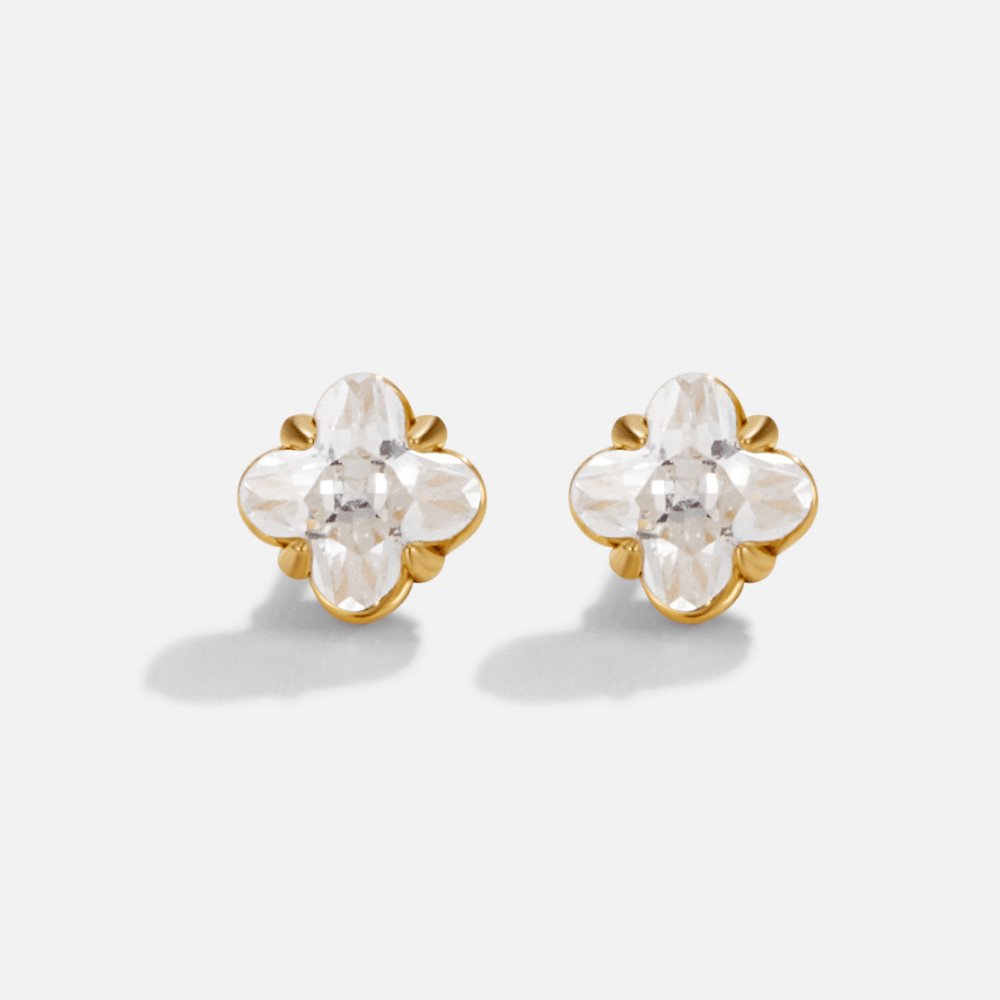 Golden Crystal Clover Stud Earrings, pair of clover-shaped clear crystal studs in gold