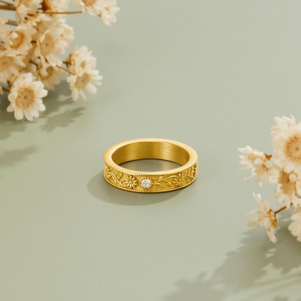 Golden Sculpted Flower Band Ring - Beautiful Earth Boutique