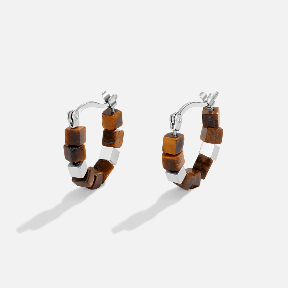 Silver Tiger Eye Cube Hoop Earrings - Beautiful Earth Boutique