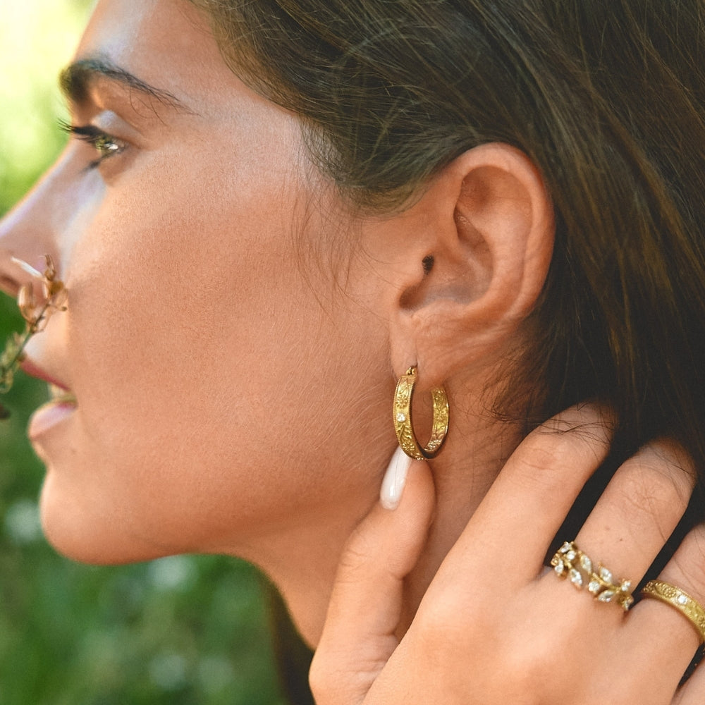 Golden Sculpted Flower Hoop Earrings