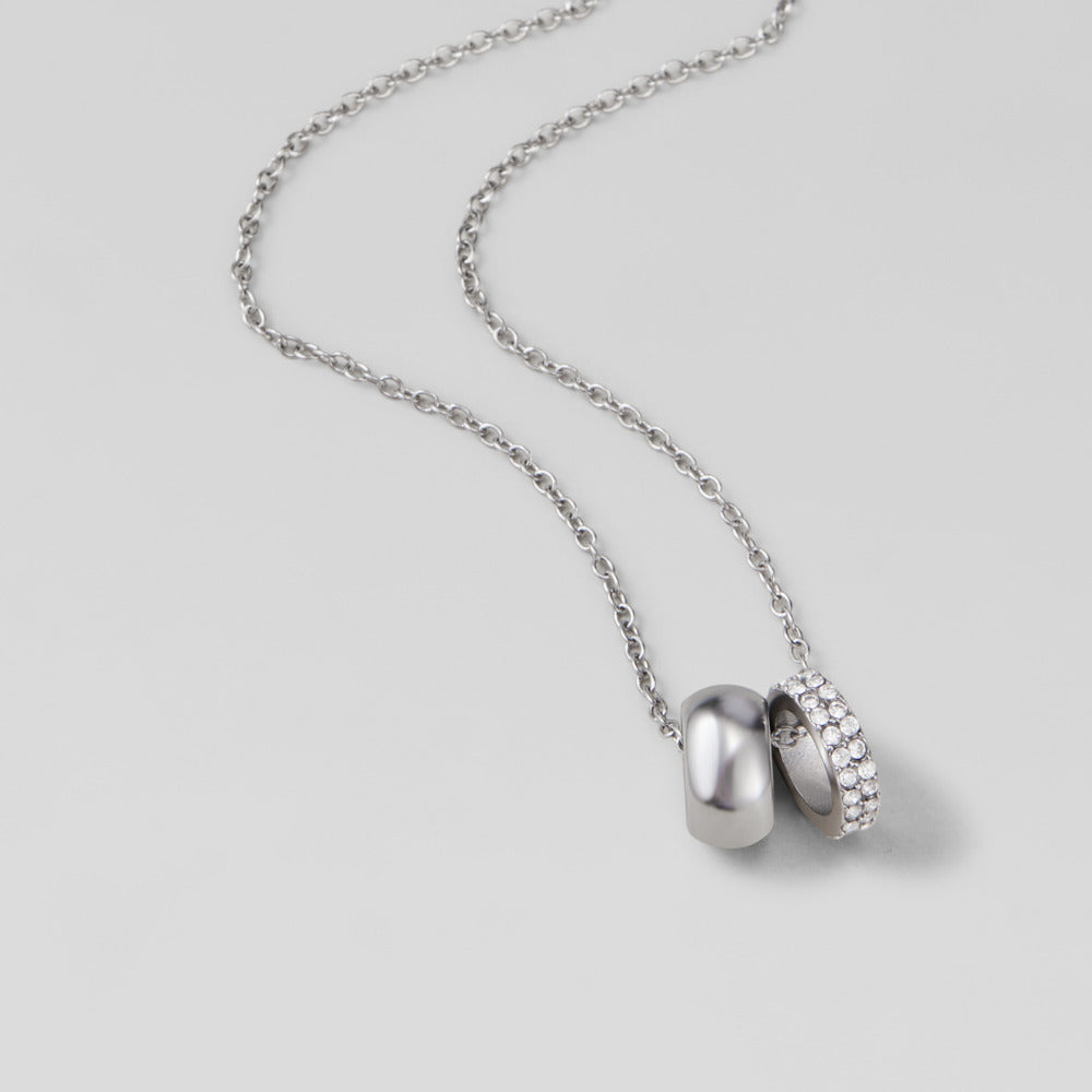 Twin Silver & Crystal Ring Pendant Necklace