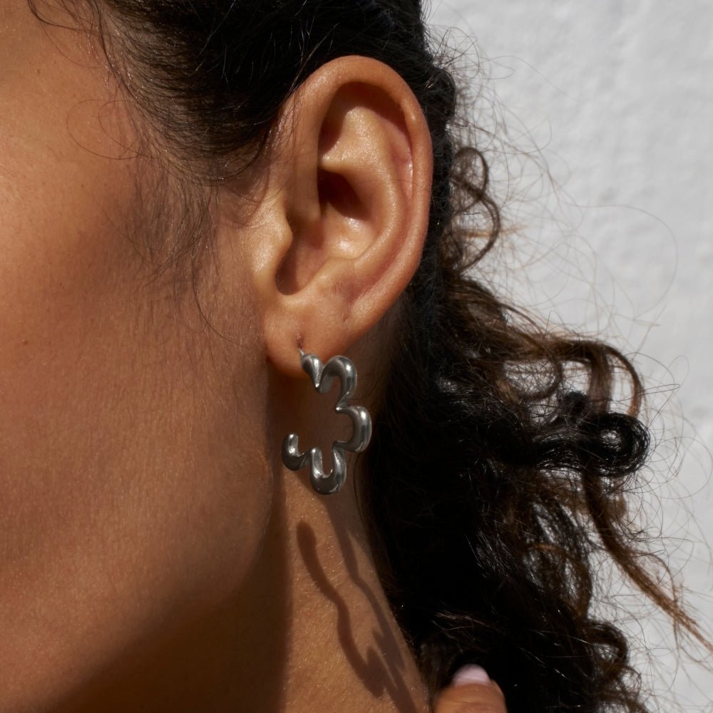 Geometric Silver Flower Hoop Earrings - Beautiful Earth Boutique