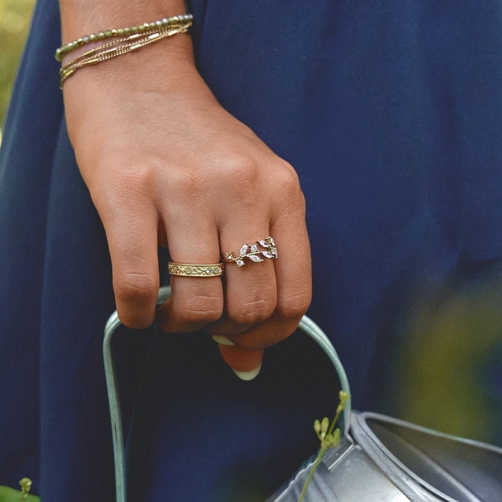 Golden Sculpted Flower Band Ring - Beautiful Earth Boutique